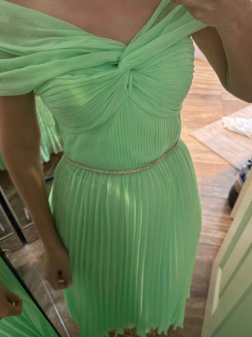 Self-Portrait Mint Green One-Shoulder Pleated Midi Dress